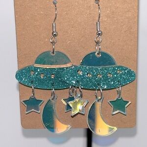 Glittery Mirror Acrylic Moon and Stars Spaceship Earrings